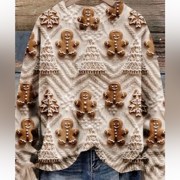 Pullover Top Soft Knit Long Sleeve with Adorable Gingerbread Man w/ Earrings - Picture 9 of 14